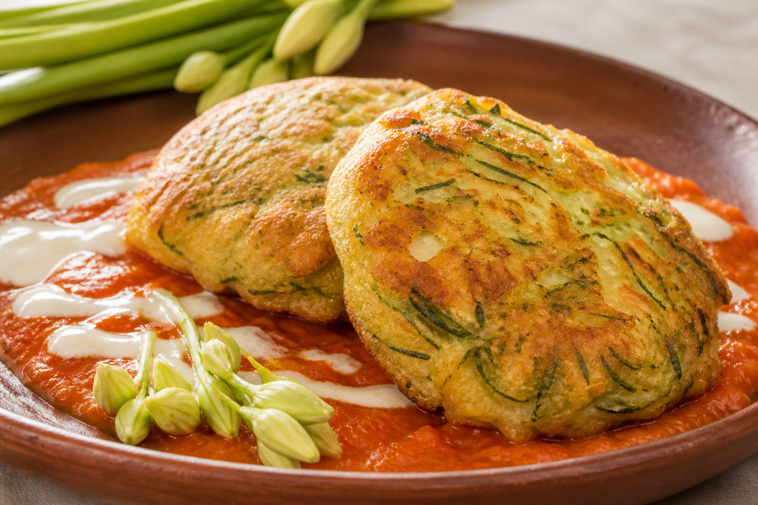 Tortitas salvadoreñas de papa y loroco con salsa de tomate asado y crema ligera de alguashte