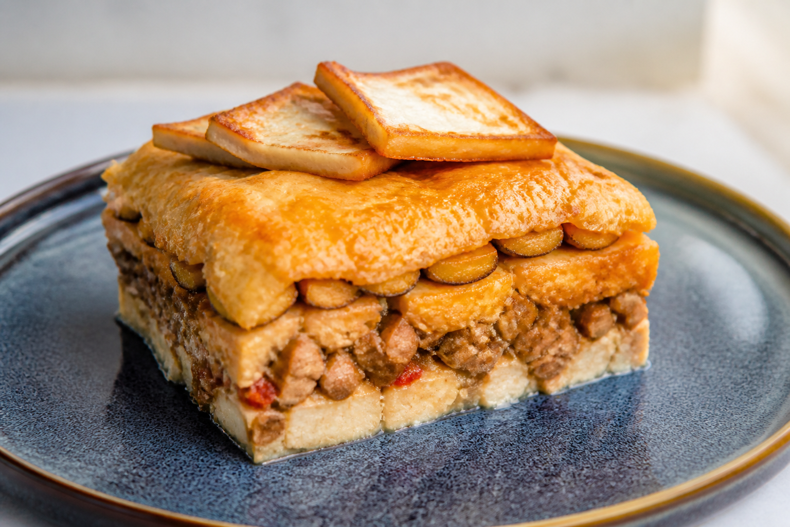 Dominican Yautía and Sofrito Chicken Pastelón with Sweet Plantain Layer and Fried Cheese