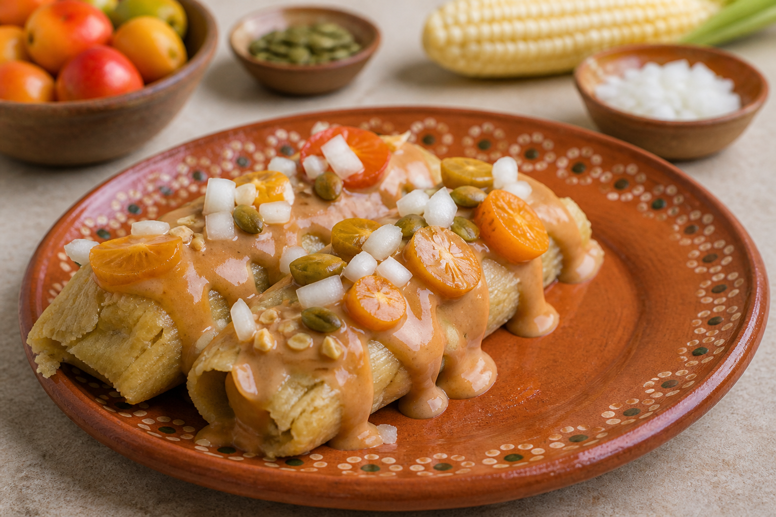 Salvadoran jocote and corn tamalitos with panela cream and toasted pumpkin seeds