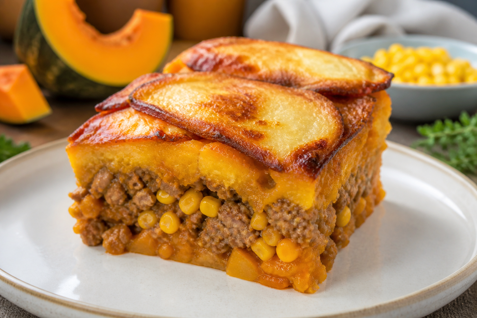 Dominican Pumpkin and Oregano Pork Pastelón with Sweet Corn Layer and Golden Fried Cheese
