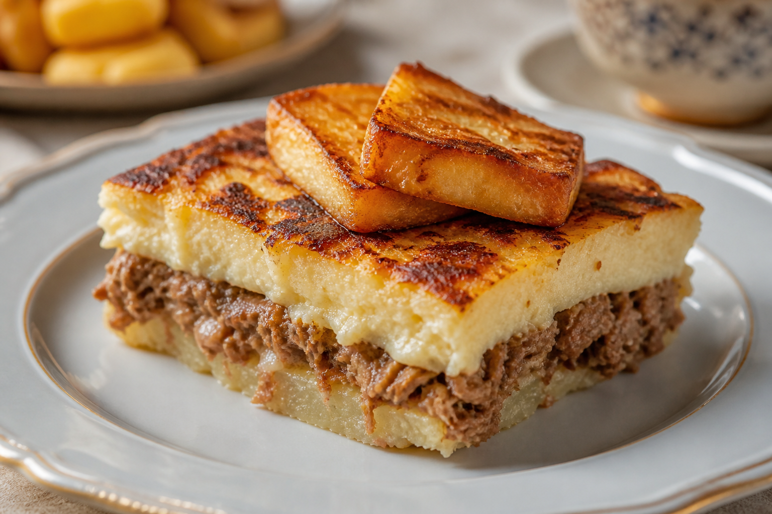 Pastelón Dominicano de Yuca con Cerdo al Café Criollo y Queso de Freír Dorado