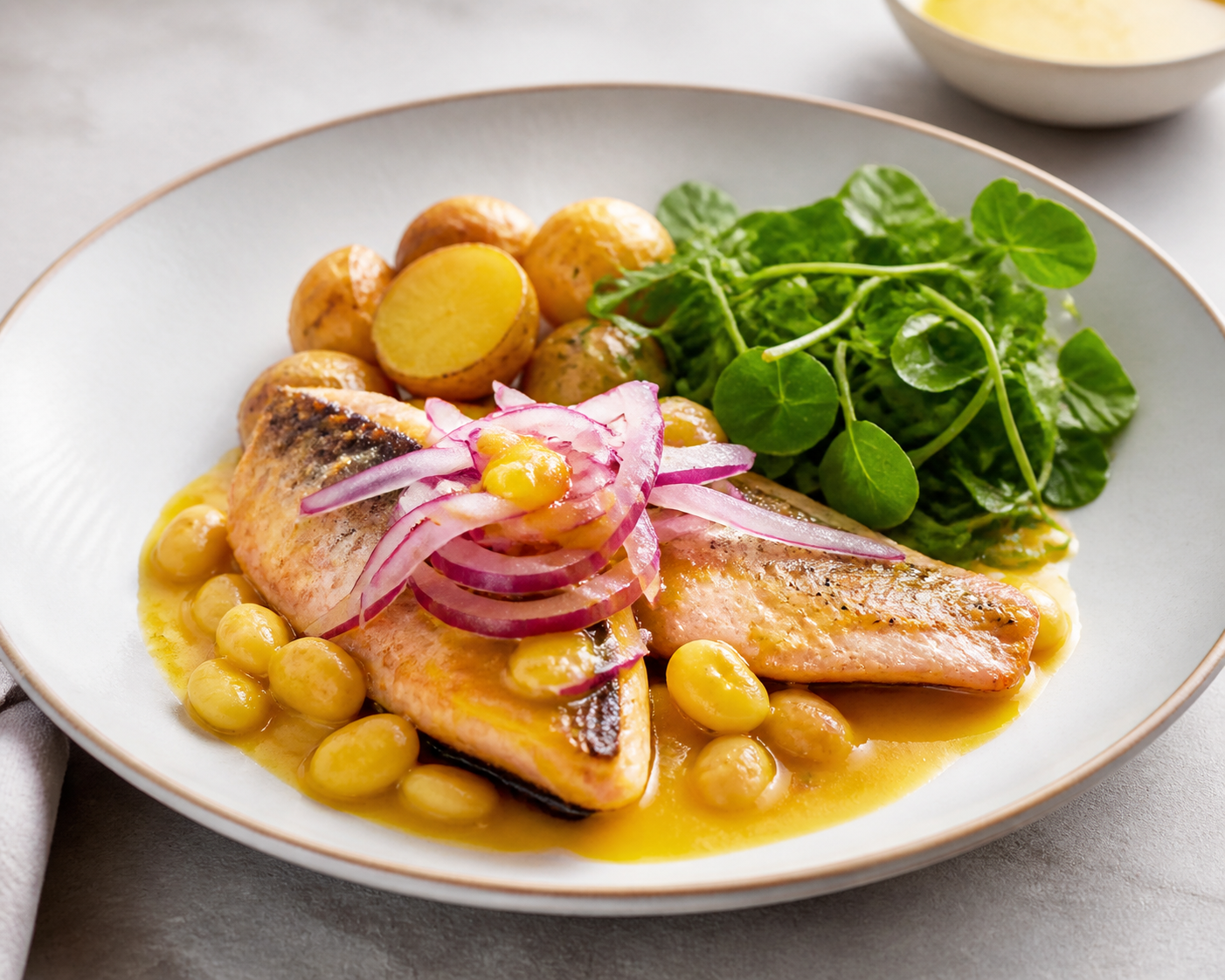 Trucha Andina en Salsa de Tarwi y Ají Amarillo con Papa Dorada y Ensalada de Berros