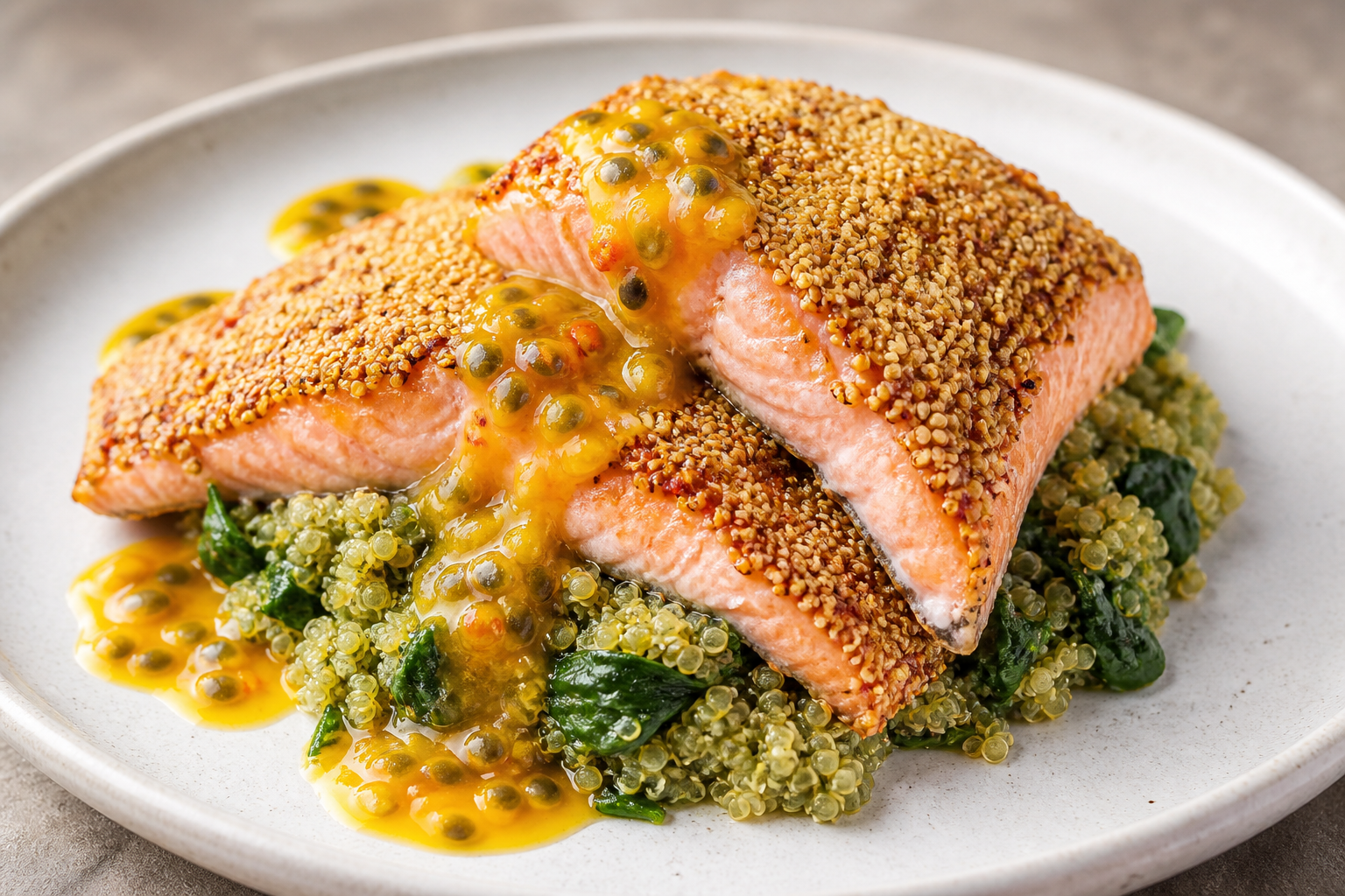 Kiwicha-Crusted Trout with Passion Fruit and Rocoto Sauce over Green Quinoa