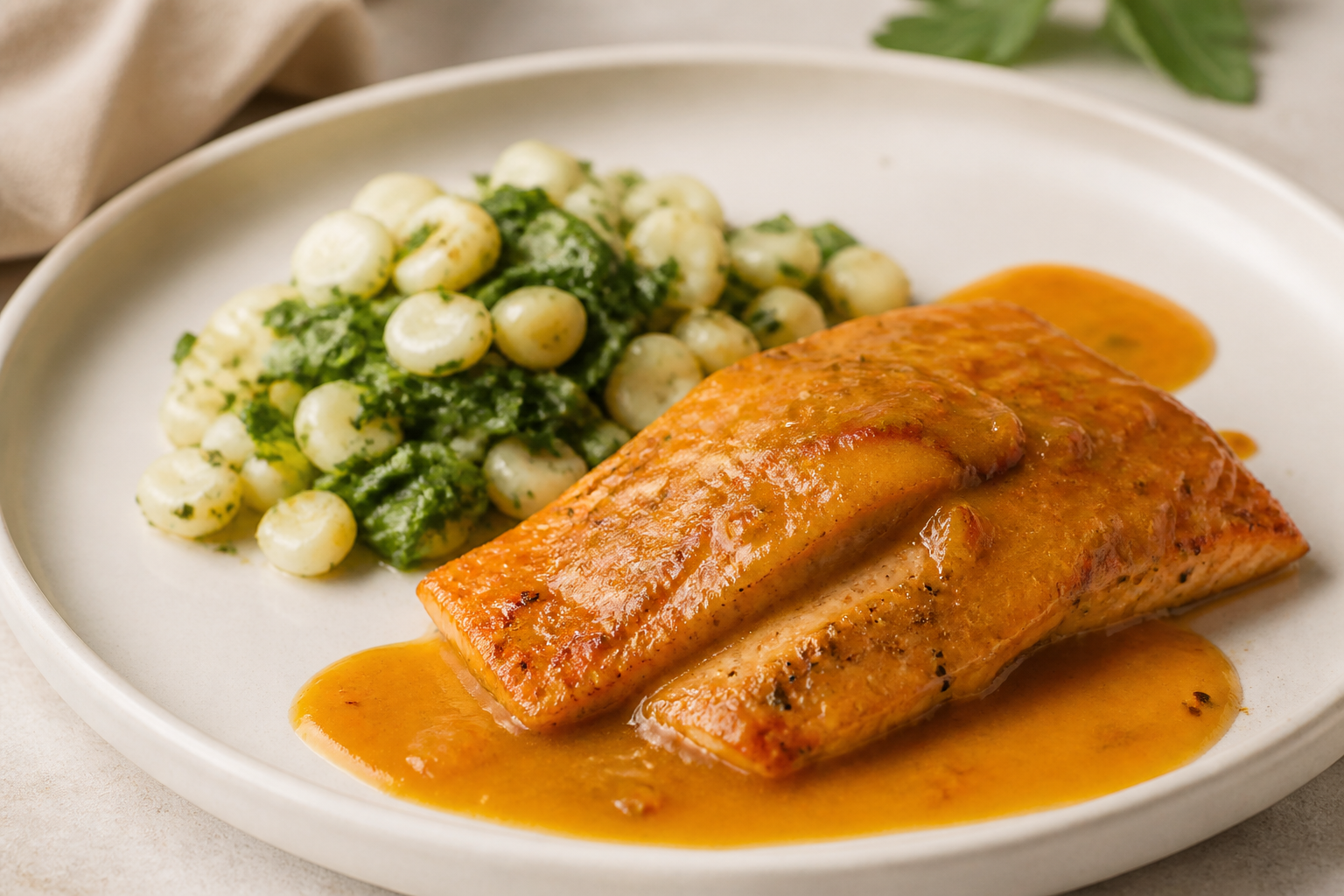 Andean Trout in Tumbo and Yellow Chili Sauce with Huacatay-Sautéed Hominy