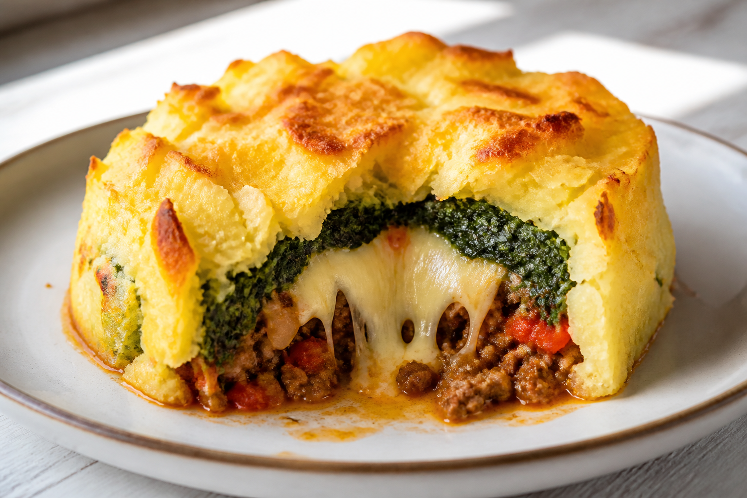 Pastel Pampeano de Mandioca Dorada con Carne al Pimentón, Espinaca Salteada y Corazón de Queso Criollo