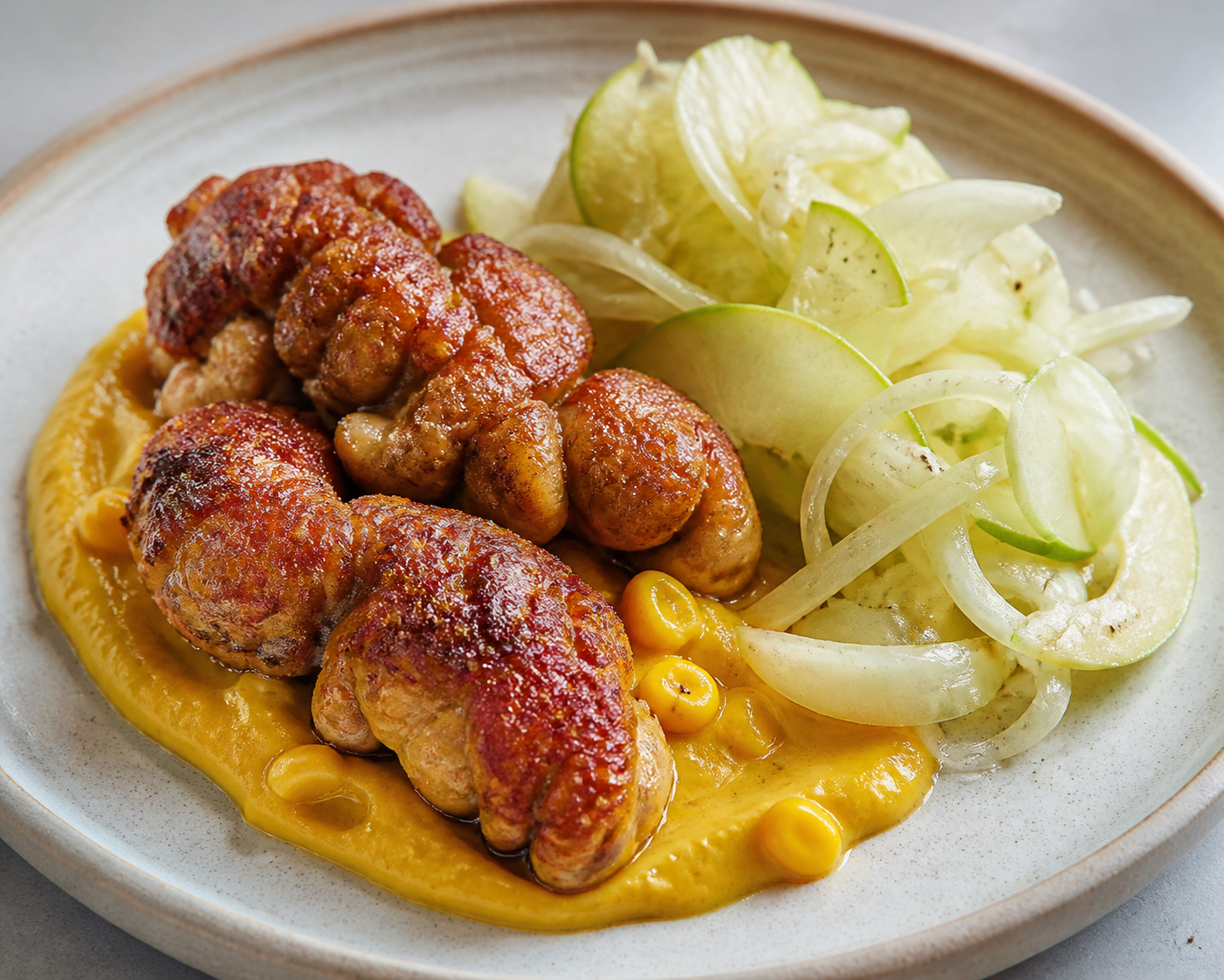 Mollejitas crocantes con crema de choclo ahumado y ensalada tibia de hinojo y manzana