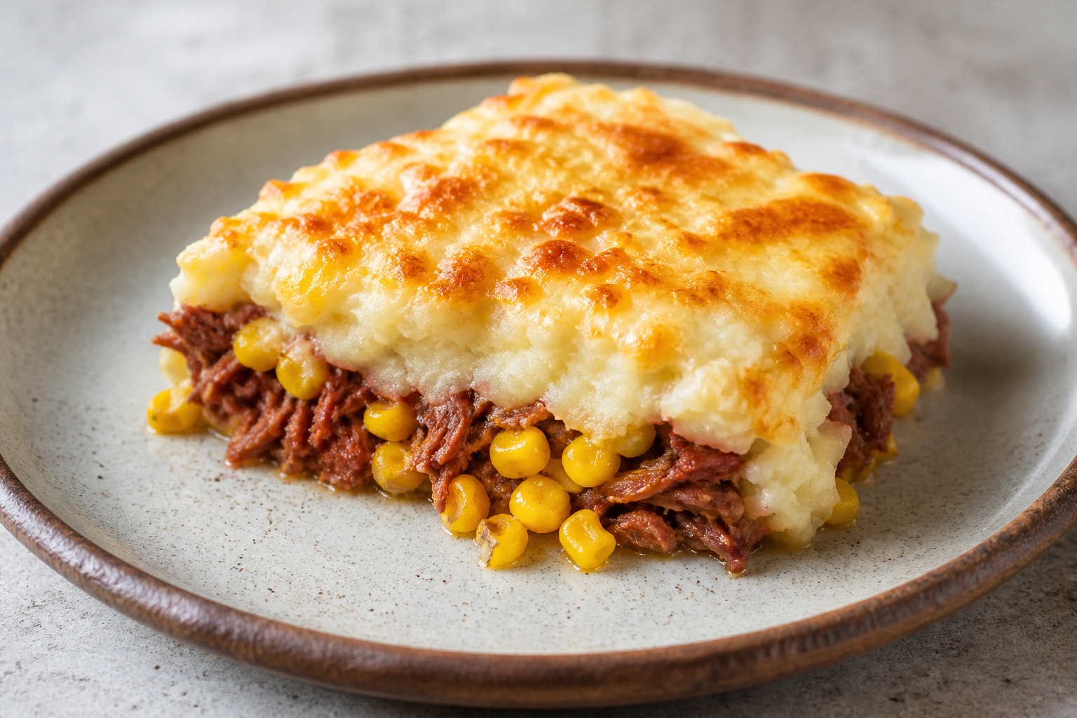 Pastel de Mandioca Criolla con Carne Ahumada, Choclo Dorado y Queso Fundido