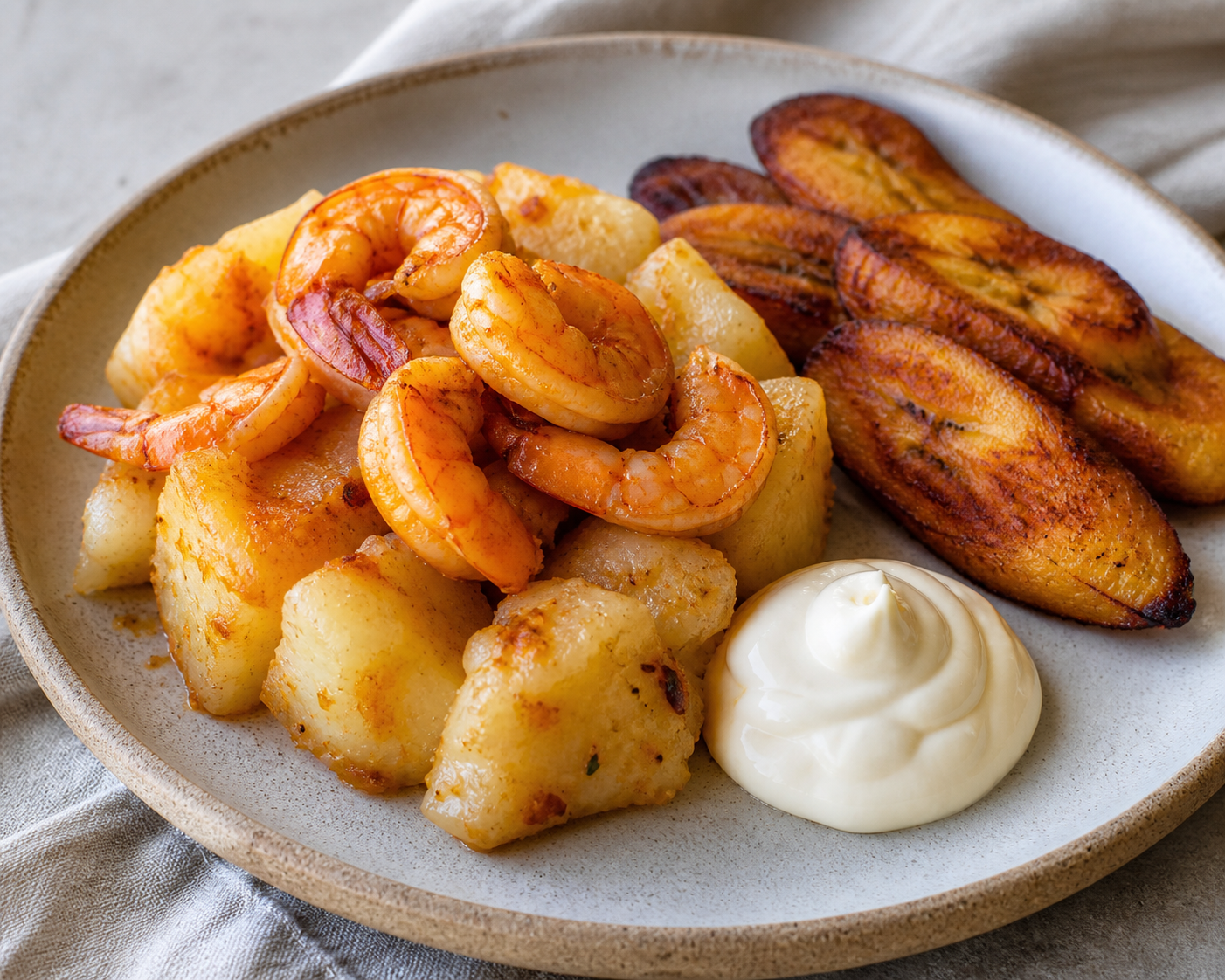 Cazuela Criolla de Camarones y Yuca con Amarillos al Horno y Alioli de Ajo Asado