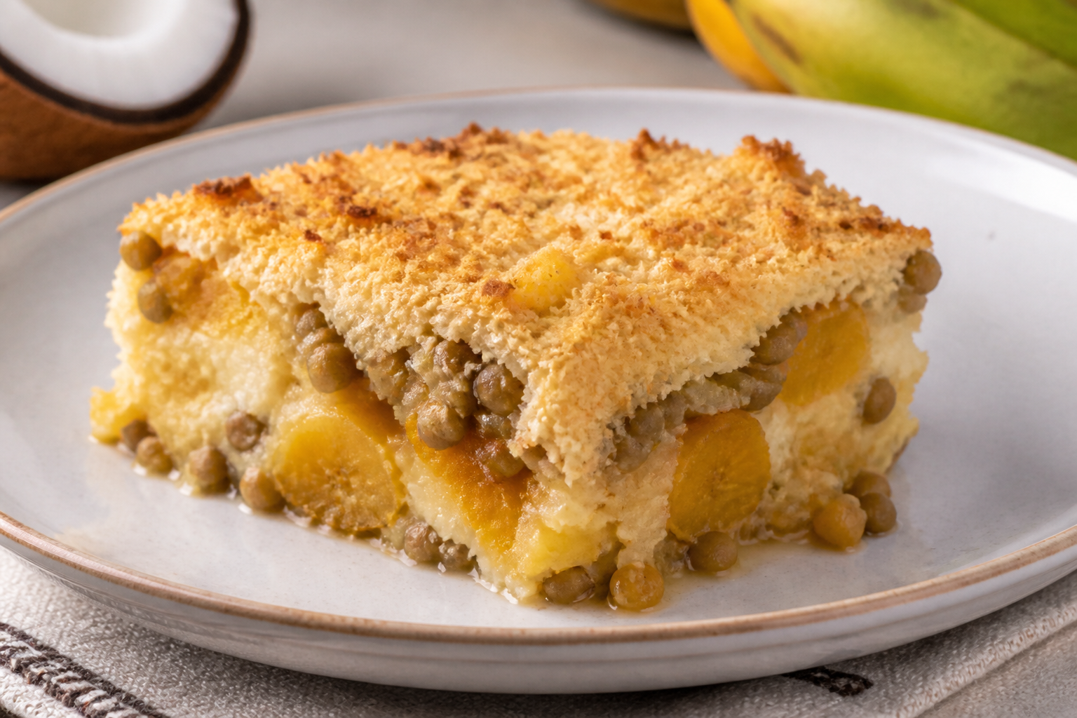 Puerto Rican Sweet Plantain and Cod Casserole with Coconut Pigeon Peas and Cassava Crisp Crust