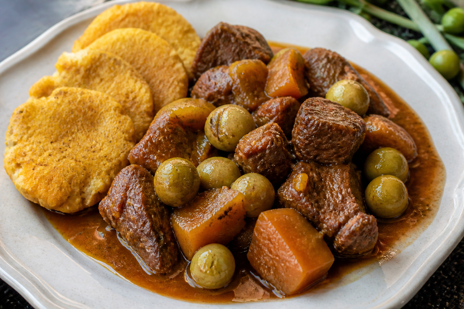 Puerto Rican Braised Beef with Quenepas, Pumpkin, and Garlic Yuca Tostones
