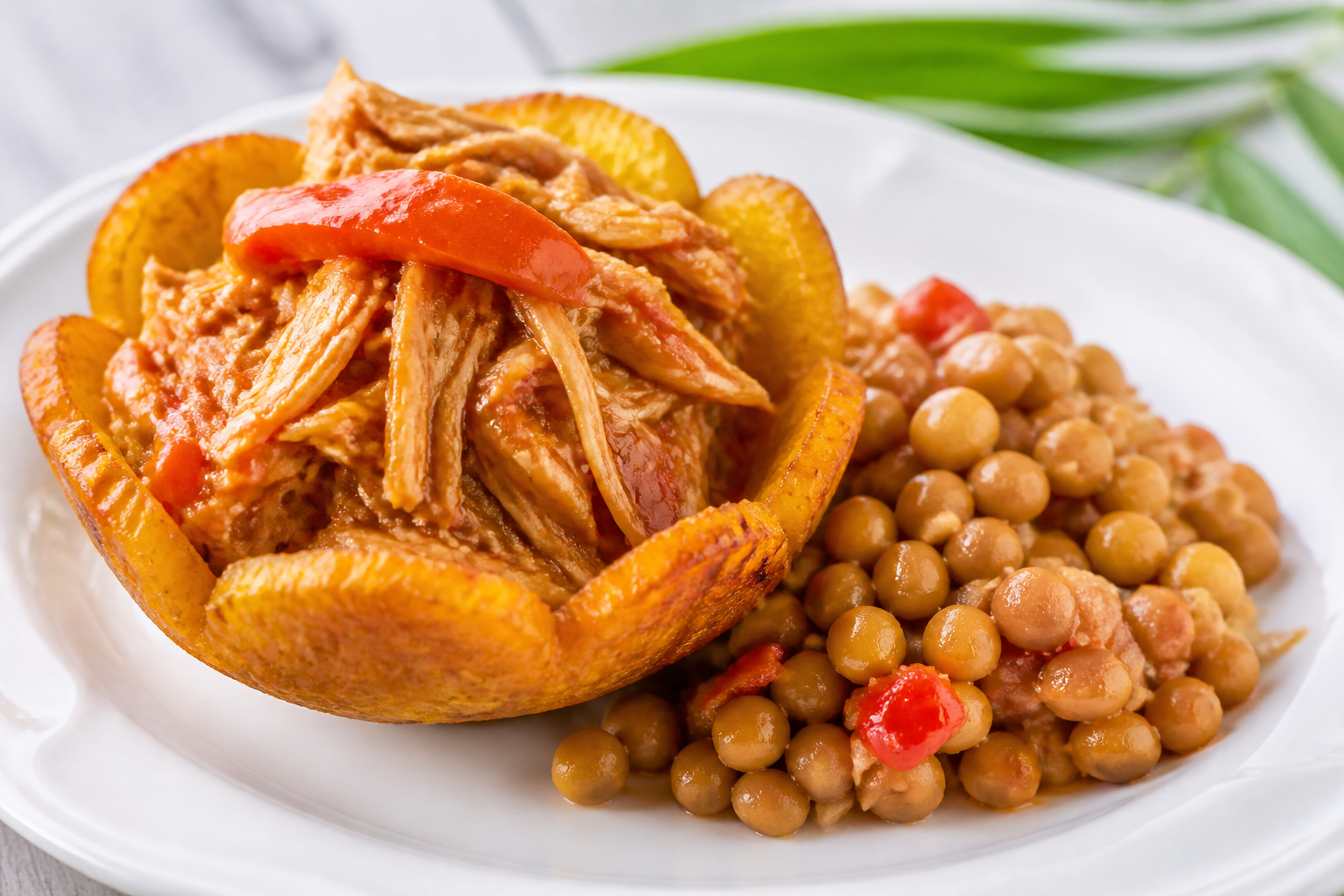 Sweet Plantain Baskets with Guava Sofrito Pulled Chicken and Warm Pigeon Pea Salad