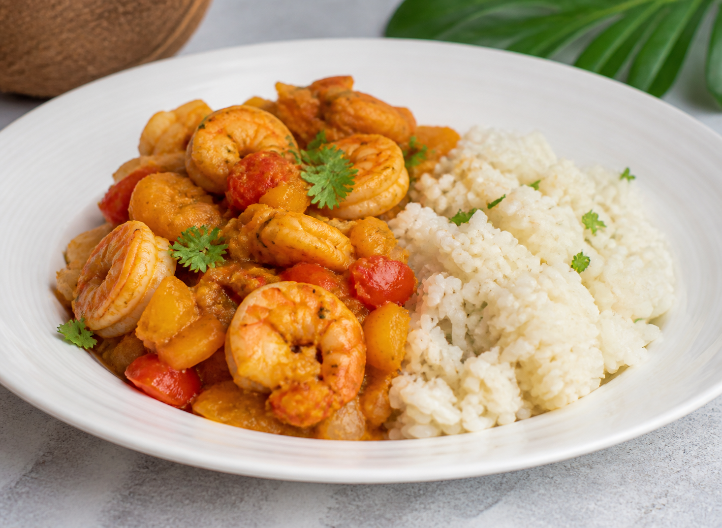 Puerto Rican Shrimp and Sweet Plantain Casserole with Creamy Coconut Rice and Sweet Pepper