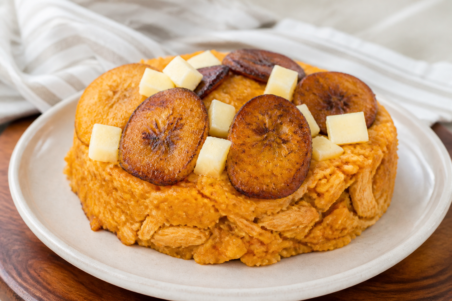 Pastel de Arroz con Pollo al Achiote, Amarillos y Queso del País