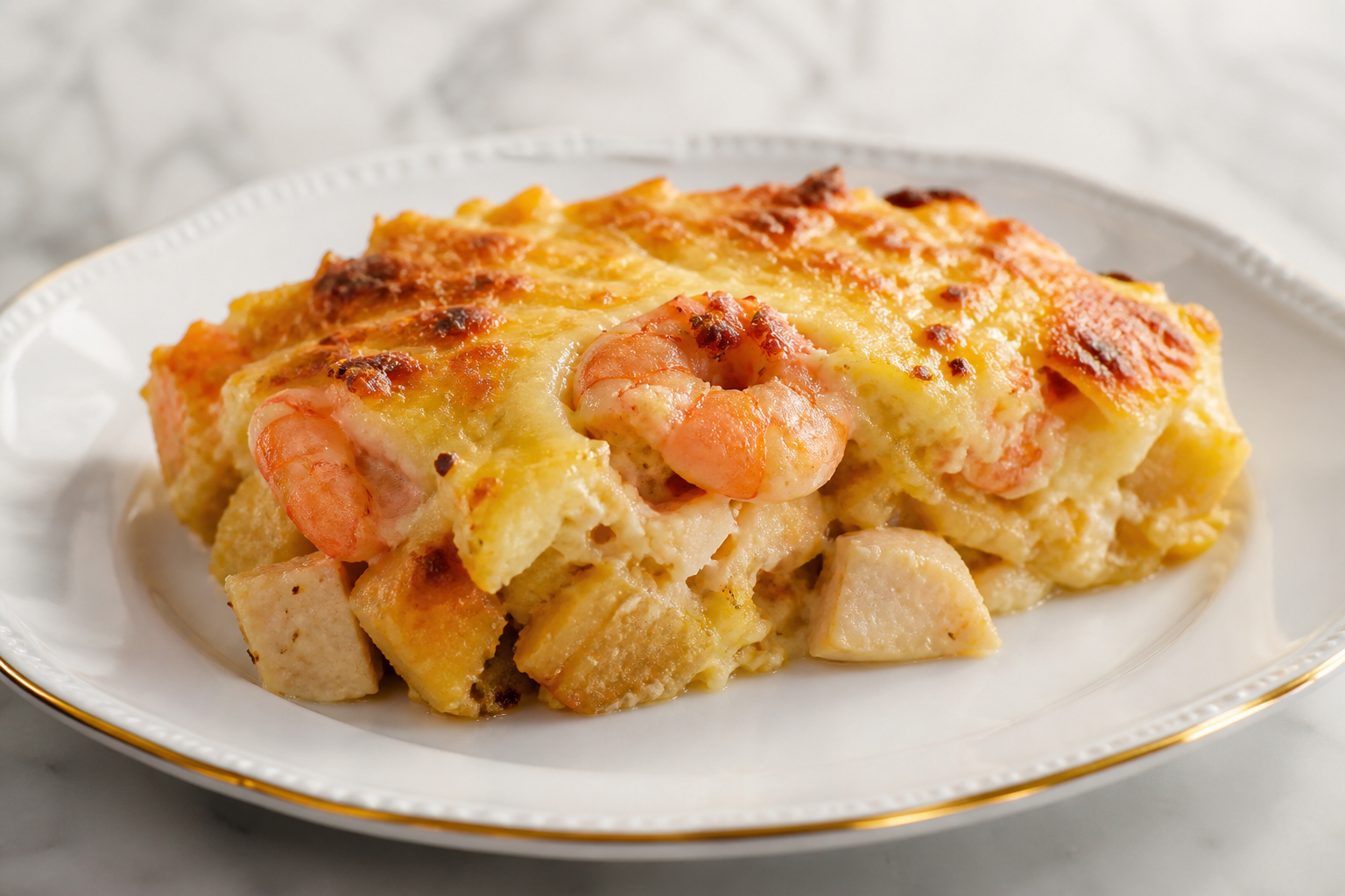 Puerto Rican Shrimp and Taro Root Casserole with Sweet Plantain and Queso del País Crust