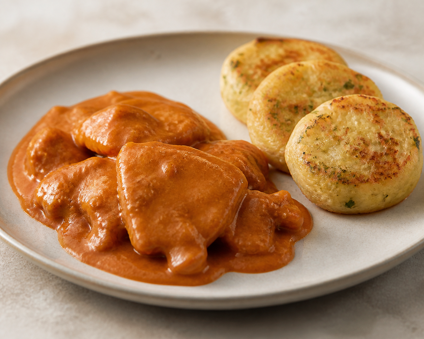 Creole Chicken in Tamarillo Peanut Sauce with Oregano Yuca Cakes
