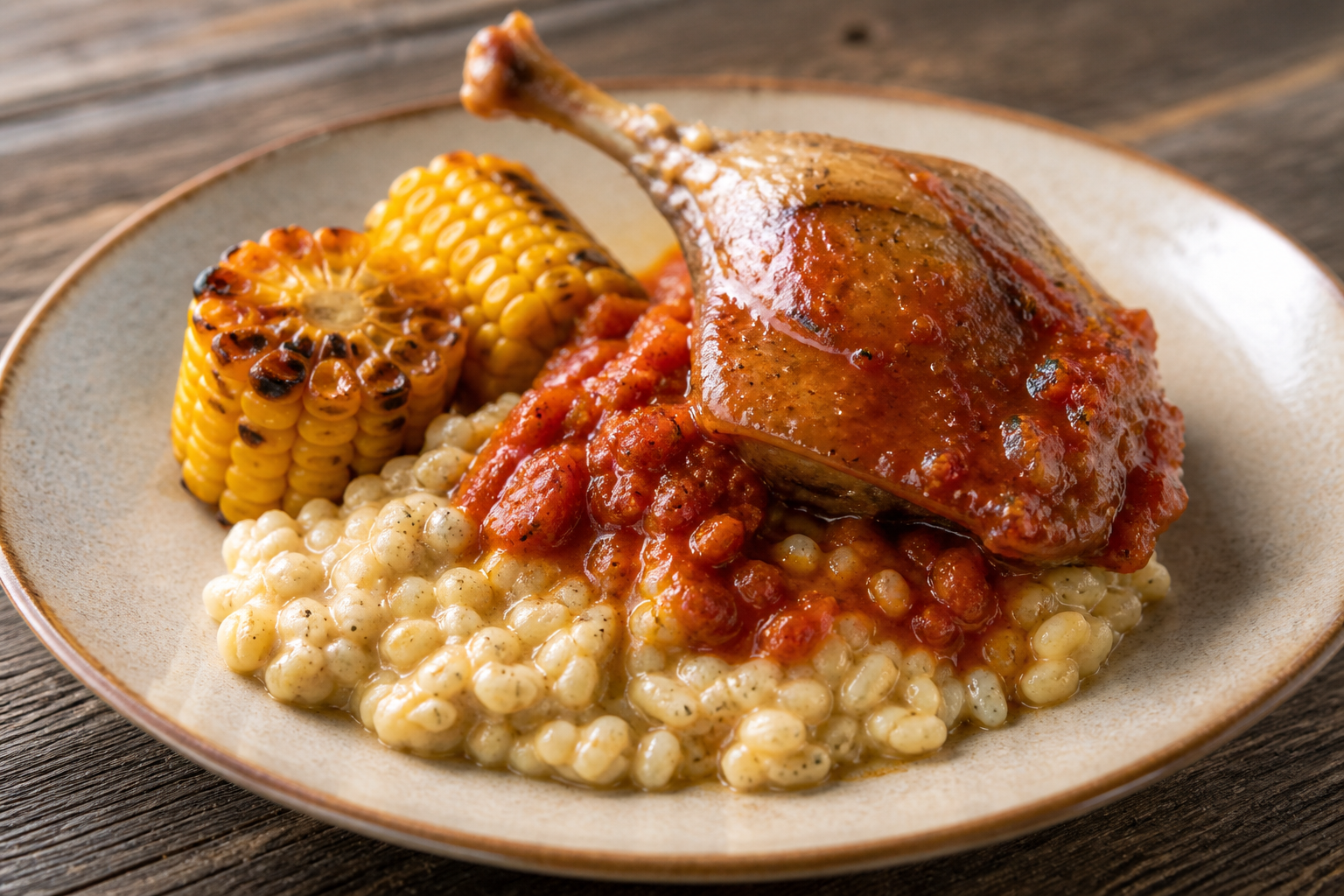 Arroz meloso de cebada con pato al ají de tomate de árbol y choclo asado