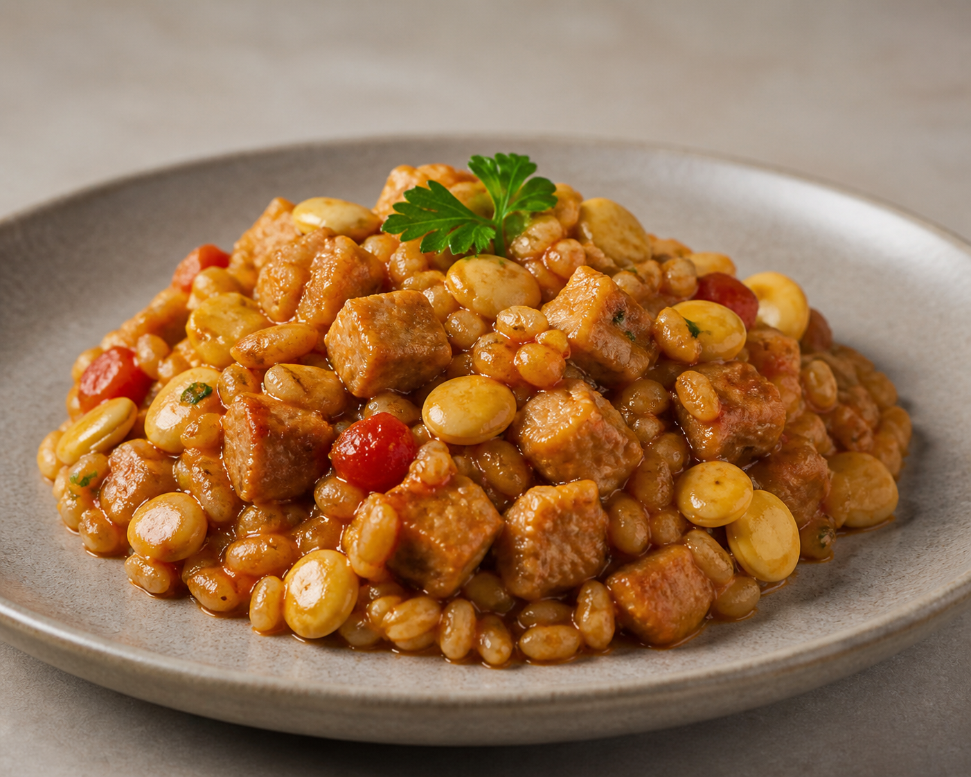 Chaulafán Quiteño de Cebada con Cerdo Achiotado, Chochos y Salsa Tibia de Tomate de Árbol
