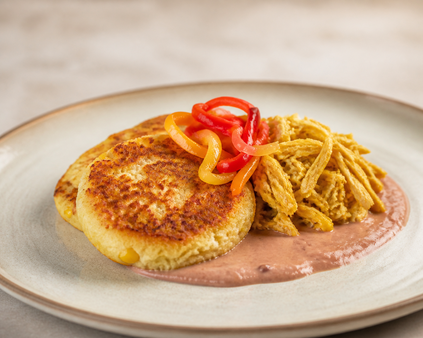 Griddled Yam and Sweet Corn Cakes with Mild Cocuy Chicken, Pink Bean Cream and Pickled Sweet Peppers