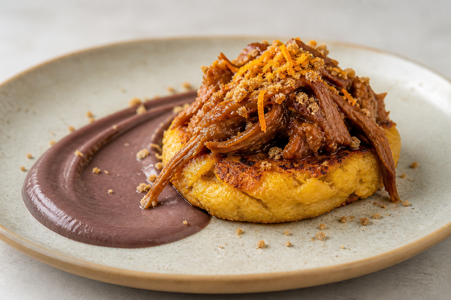 Yam and Sweet Corn Cakes with Orange-Panela Pulled Pork and Red Bean Cream