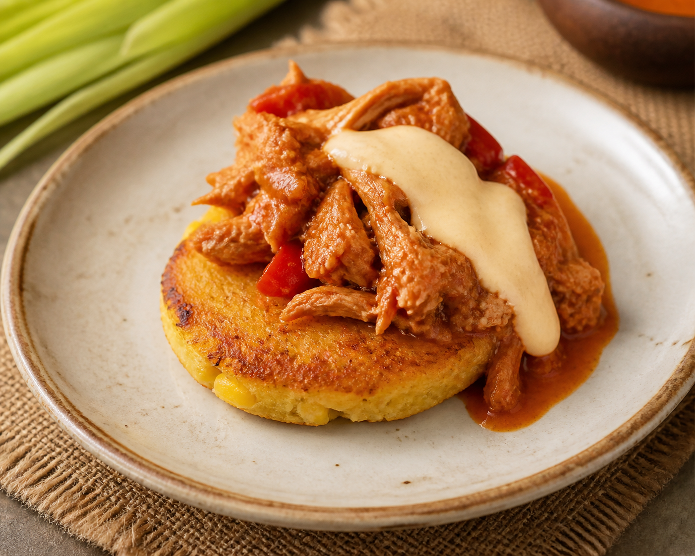 Pastel de Budare de Yuca y Jojoto con Guiso de Gallina al Ají Dulce y Nata de Papelón Limón