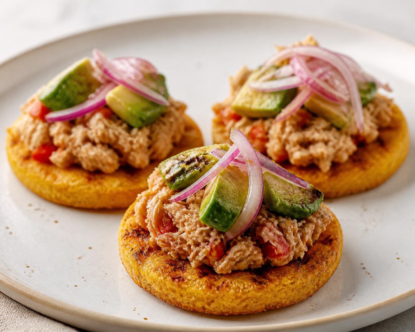 Auyama Arepa Tostadas with Ají Dulce Tuna, Roasted Avocado and Red Onion Salad