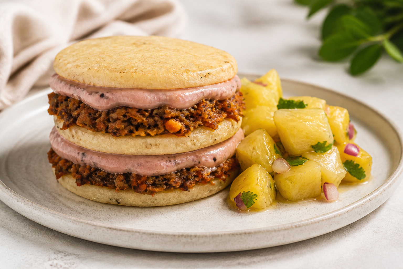 Chia Arepa Stack with Smoked Eggplant Hallaca-Style Filling, Pink Bean Cream, and Warm Pineapple Salad