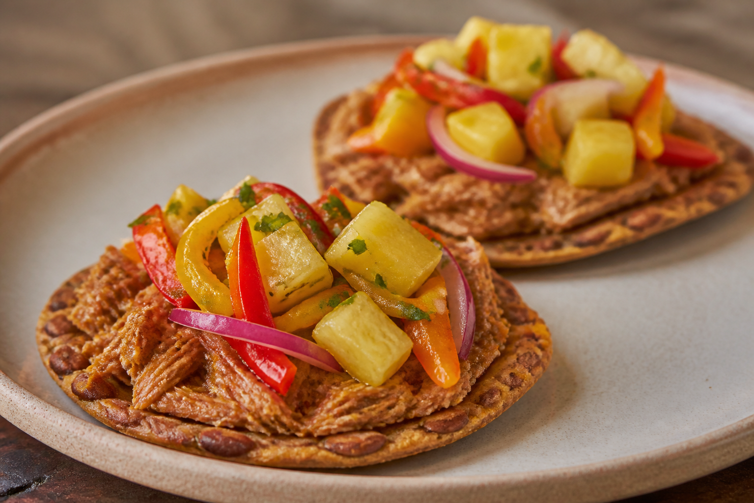 Crispy Pinto Bean Arepa Tostadas with Sweet Pepper Pork and Warm Pineapple Salad