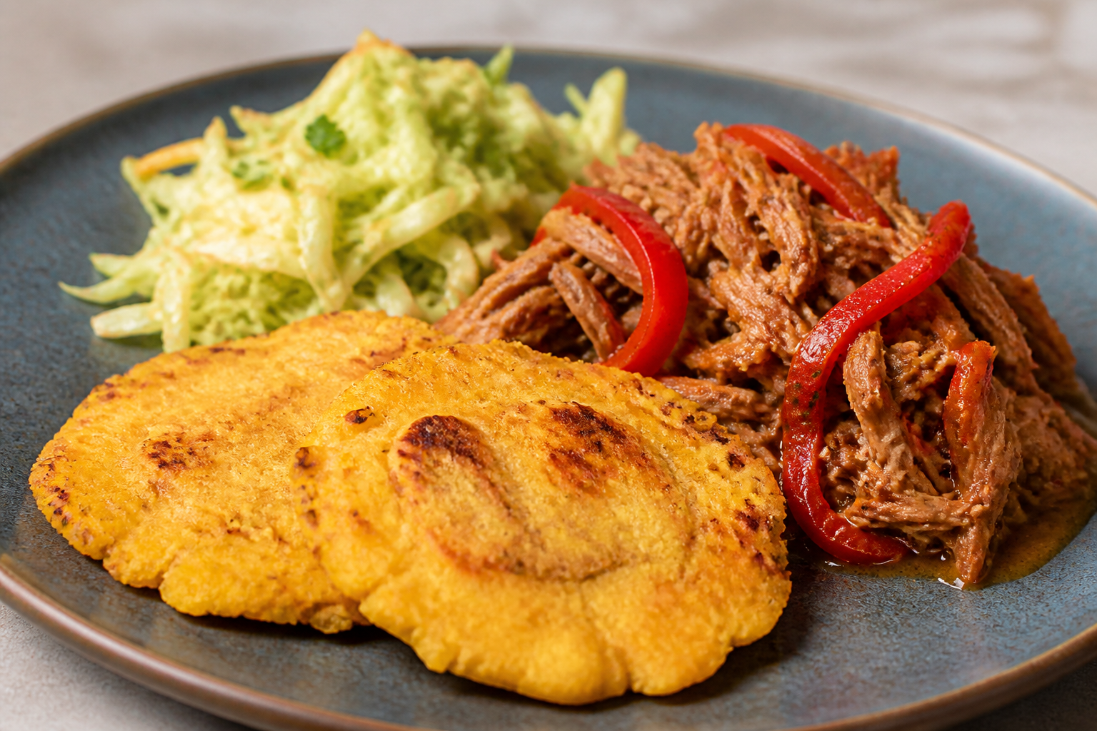 Torticas de batata y casabe con pollo guisado al coco y ají dulce, ensalada tibia de repollo y lima