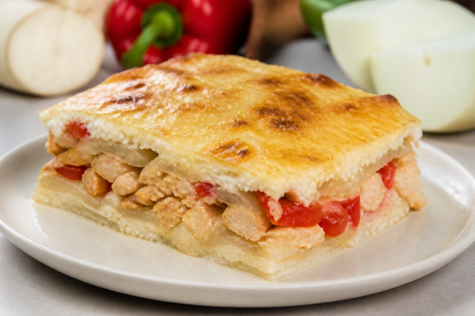 Creole Yuca Layer Bake with Sweet Pepper Chicken, Coconut Bechamel, and Llanero Cheese