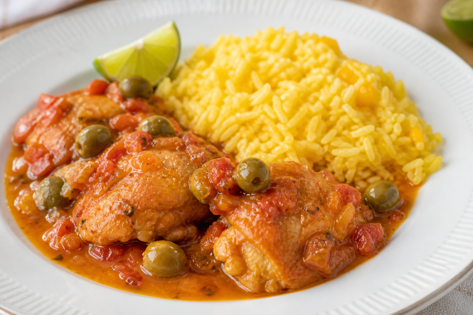 Pollo Criollo Cubano en Salsa de Tomate, Vino y Aceitunas con Arroz Amarillo de Maíz