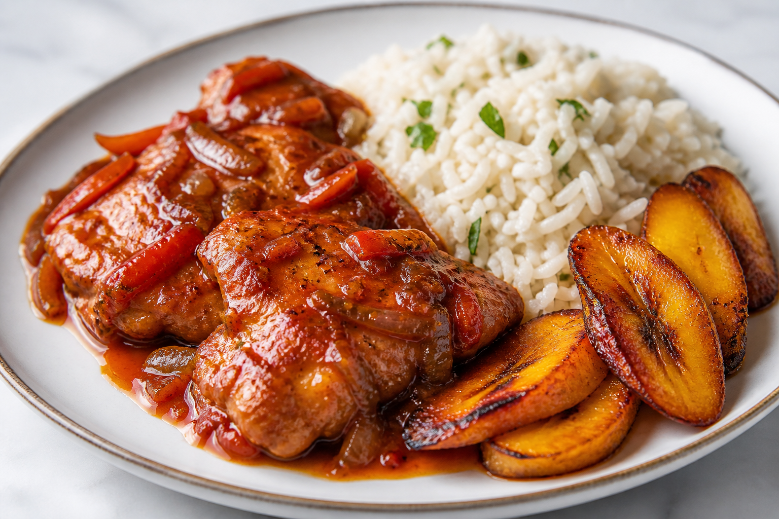 Cuban Creole Chicken in Tamarind and Sweet Pepper Sauce with Garlic Rice and Golden Sweet Plantain