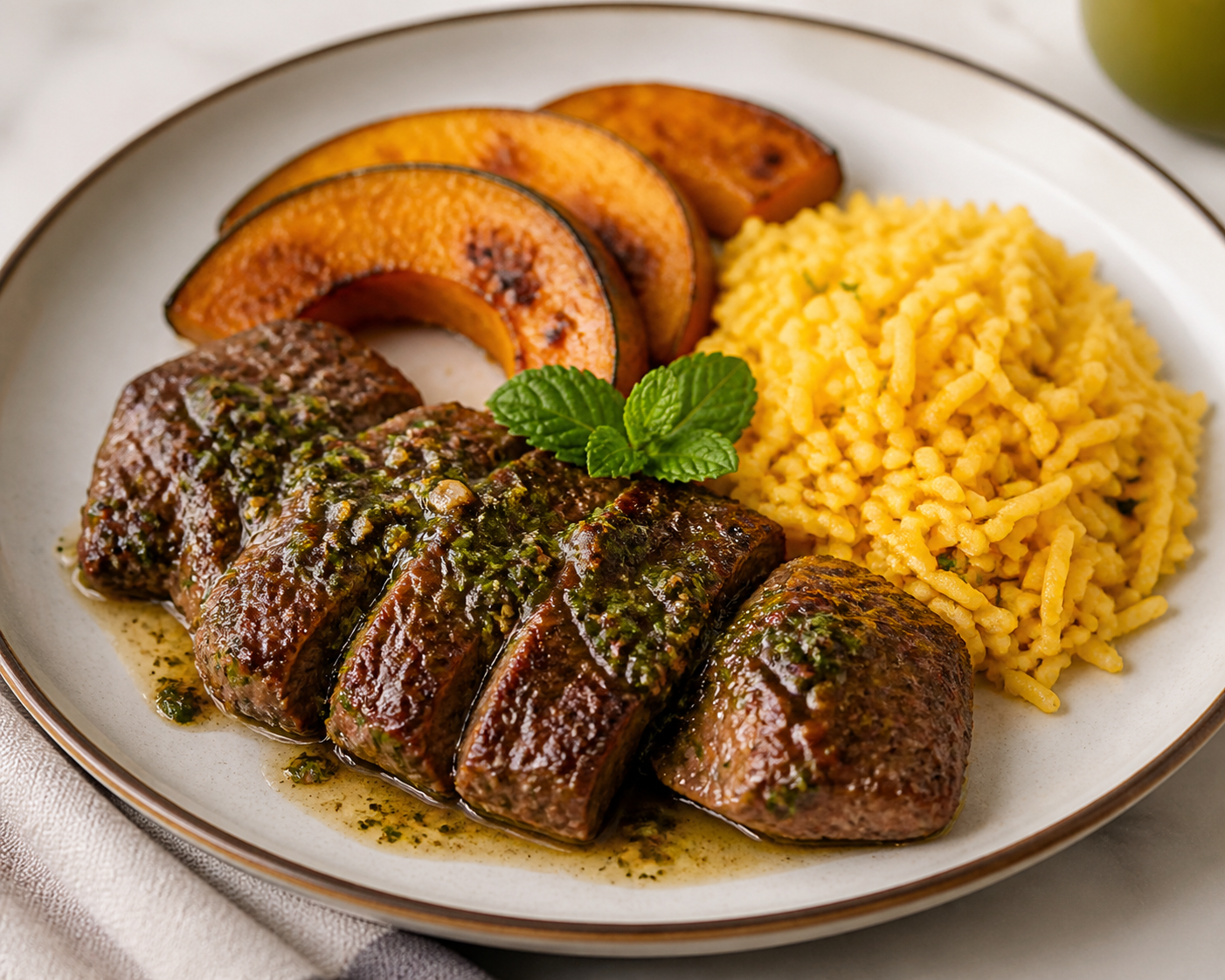 Cuban Beef Steak in Sour Orange and Mint Mojo with Yellow Rice and Seared Pumpkin