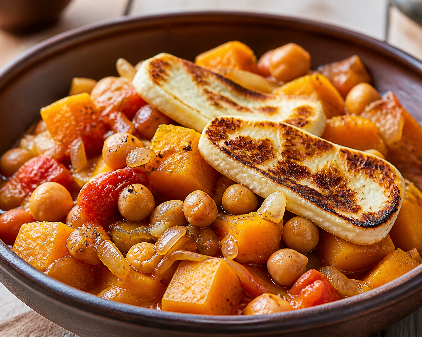 Chilean Tomaticán with Chickpeas, Roasted Squash, and Seared Chanco Cheese