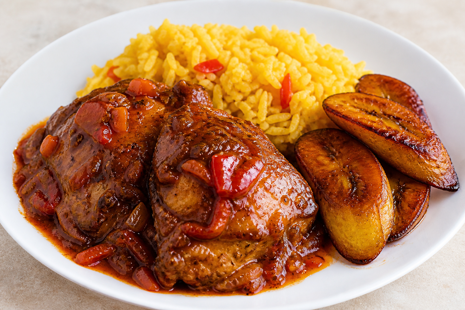 Pollo Cubano en Salsa de Tamarindo y Ají Dulce con Arroz Amarillo y Plátano Maduro Asado