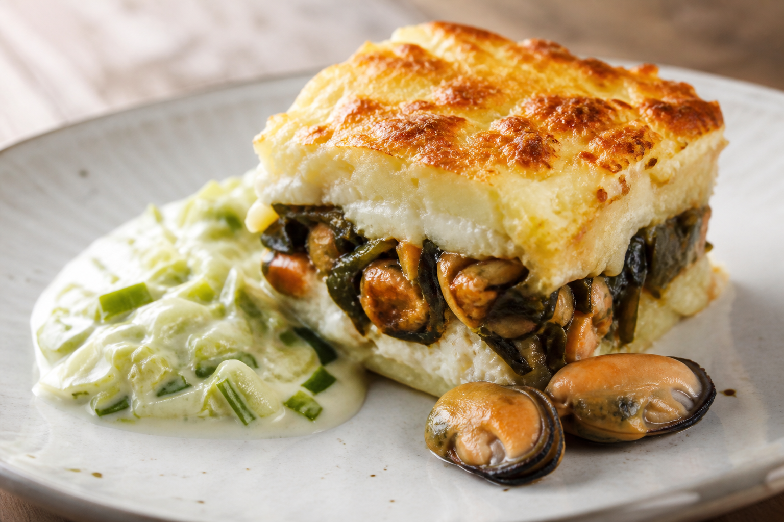 Chilote potato pie with mussel and cochayuyo filling and leek cream