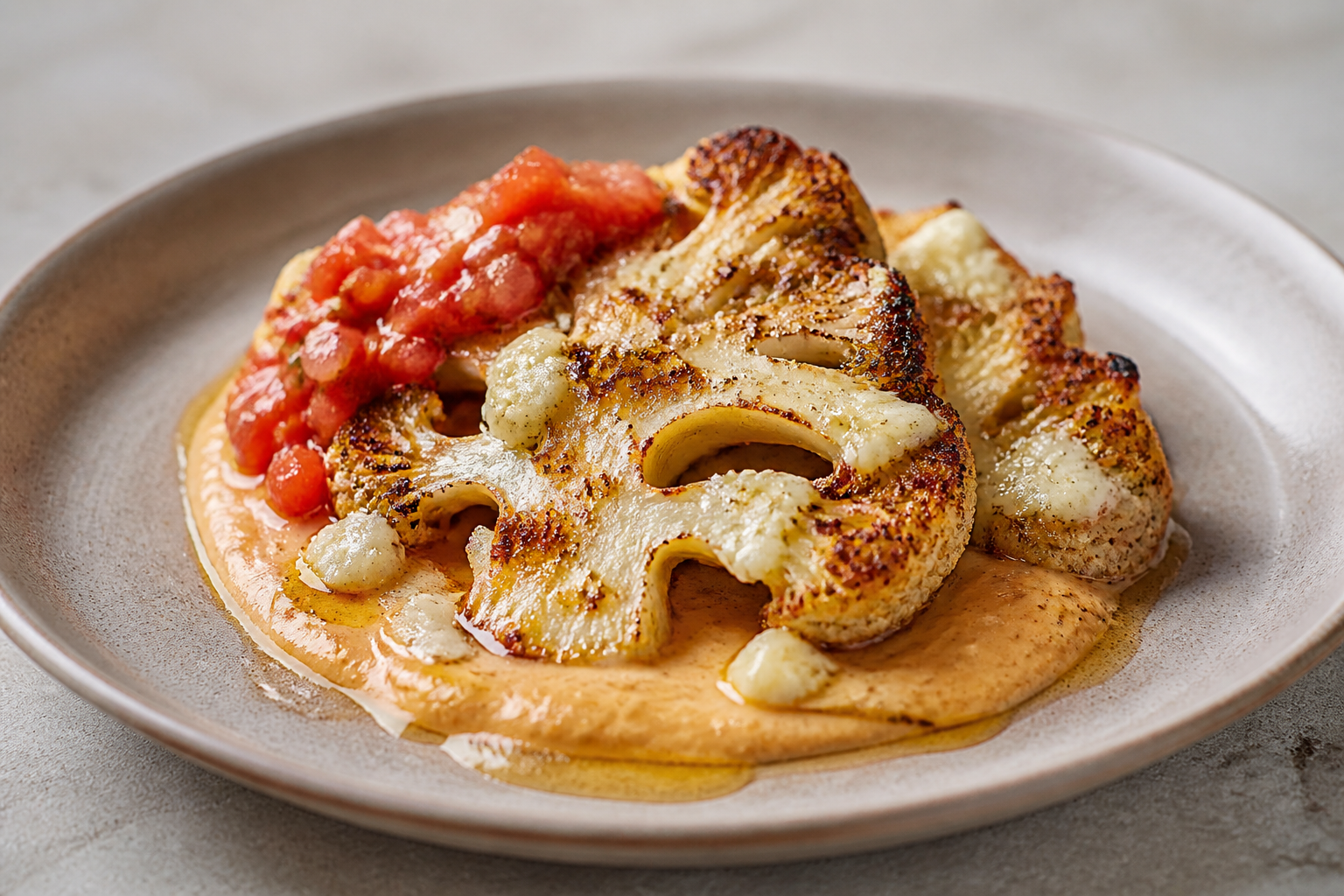 Chilean Roasted Cauliflower and Merkén Pudding with Chanco Cheese and Warm Tomato Pebre