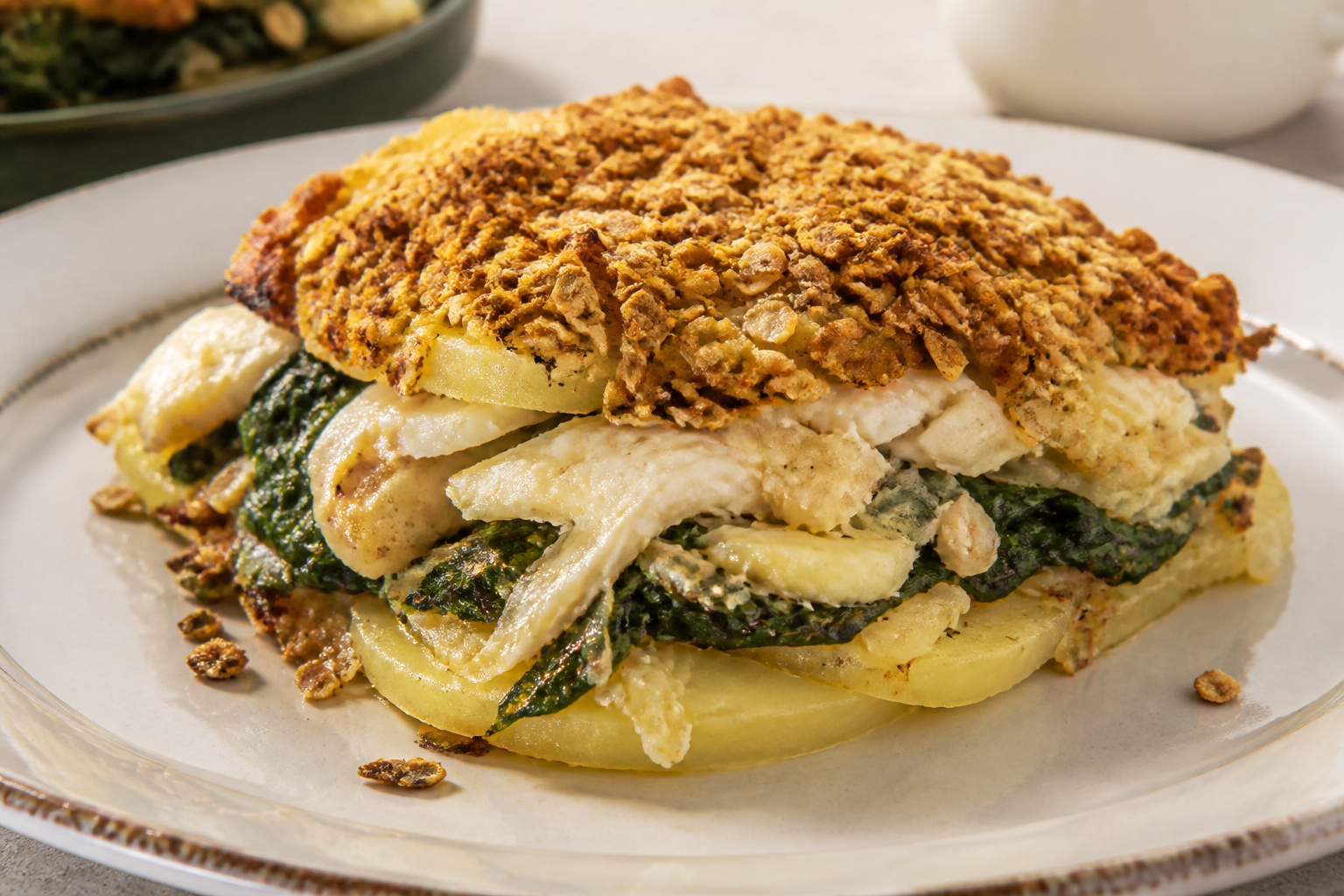 Moist potato bake with smoked hake, sautéed spinach, and merkén oat crust