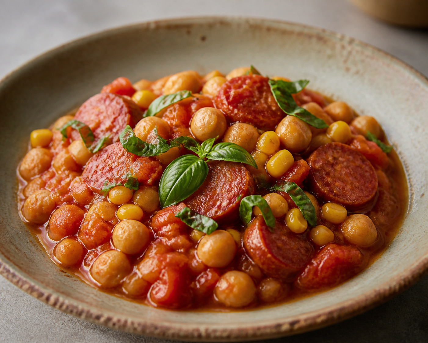 Tomaticán Sureño de Garbanzos y Chorizo Ahumado con Choclo Dorado y Albahaca