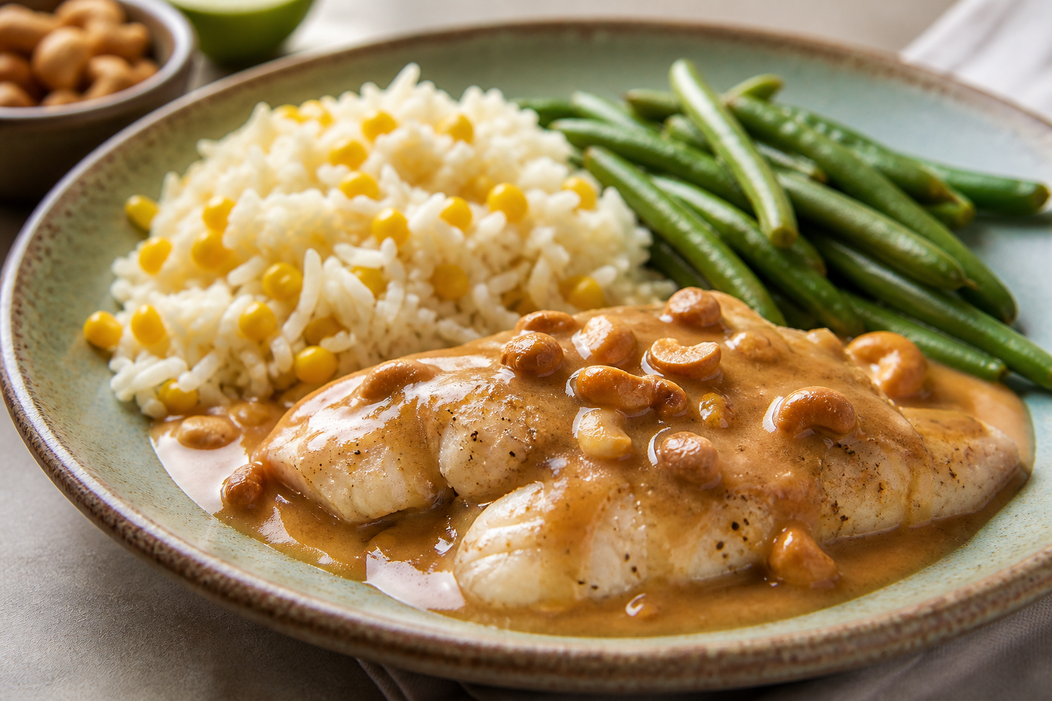 Honduran Fish Fillet in Toasted Cashew and Sour Orange Sauce with Corn Rice and Green Beans