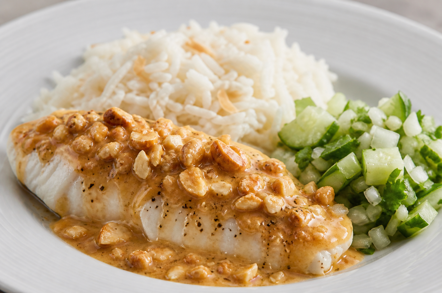 Honduran Fish Fillet in Toasted Cashew and Sour Orange Sauce with Coconut Rice and Cucumber Chirmol