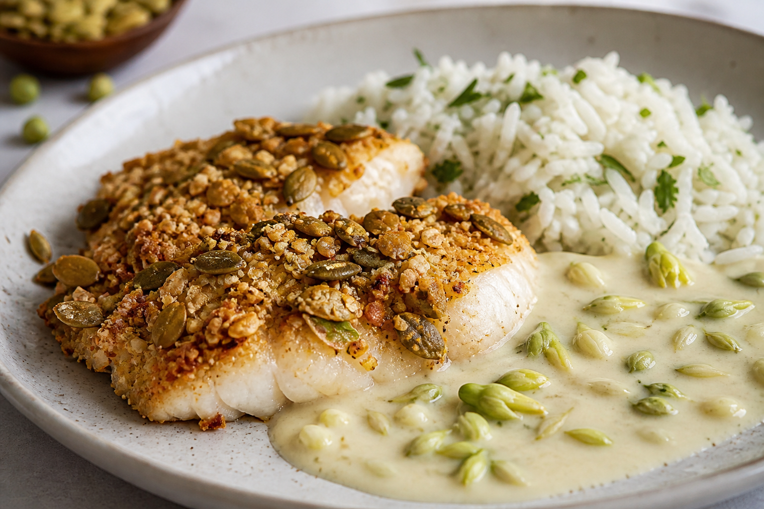 Pescado Catracho en Costra de Semilla de Ayote con Crema Suave de Loroco y Arroz de Coco al Culantro
