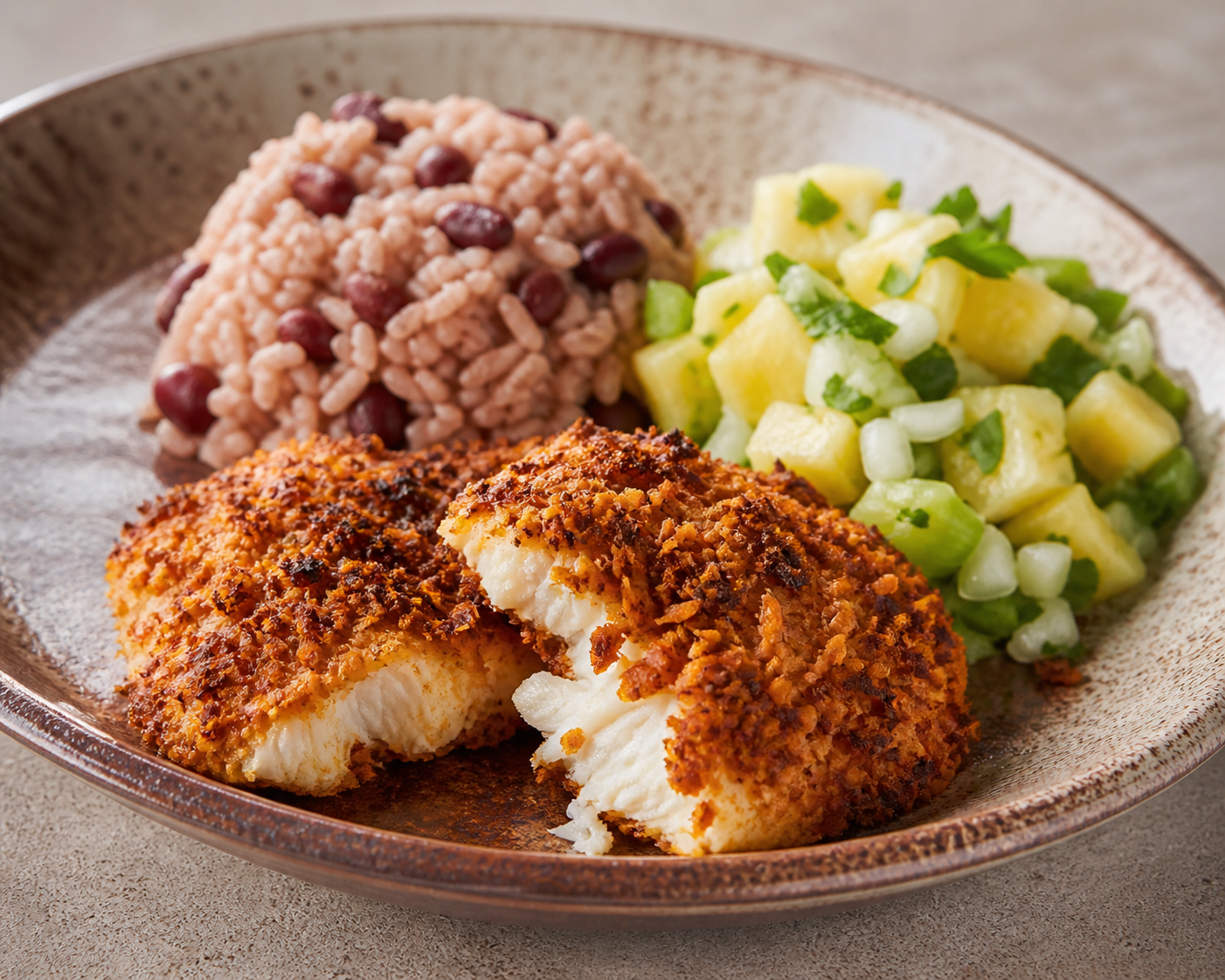 Honduran Fish in Coconut-Achiote Crust with Red Bean Rice and Green Pineapple Chimol