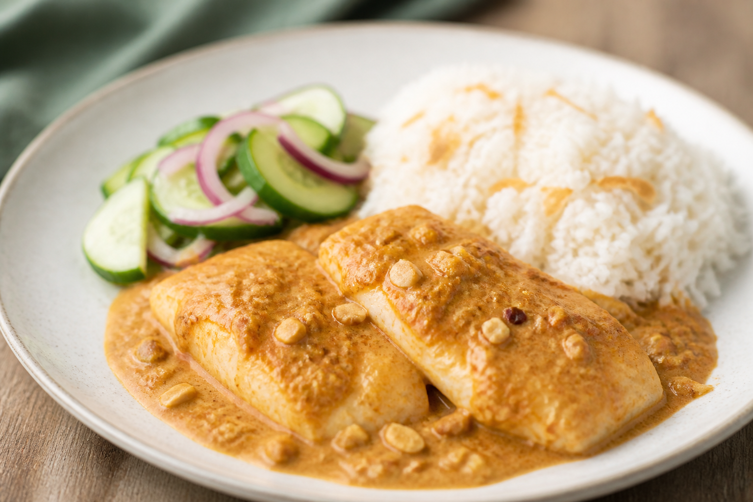 Pescado Catracho en Recado de Marañón Tostado con Arroz de Coco Suave y Ensalada de Pepino Encurtido