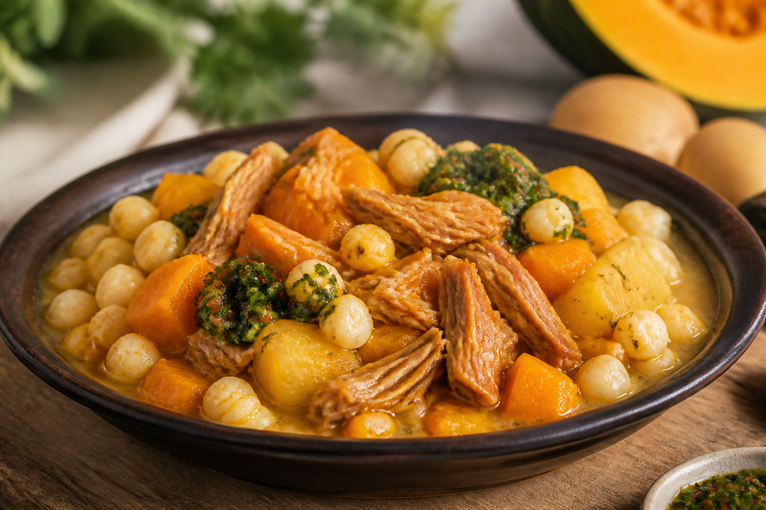 Colombian Smoked Turkey, Hominy and Pumpkin Cazuela with Mint Hogao