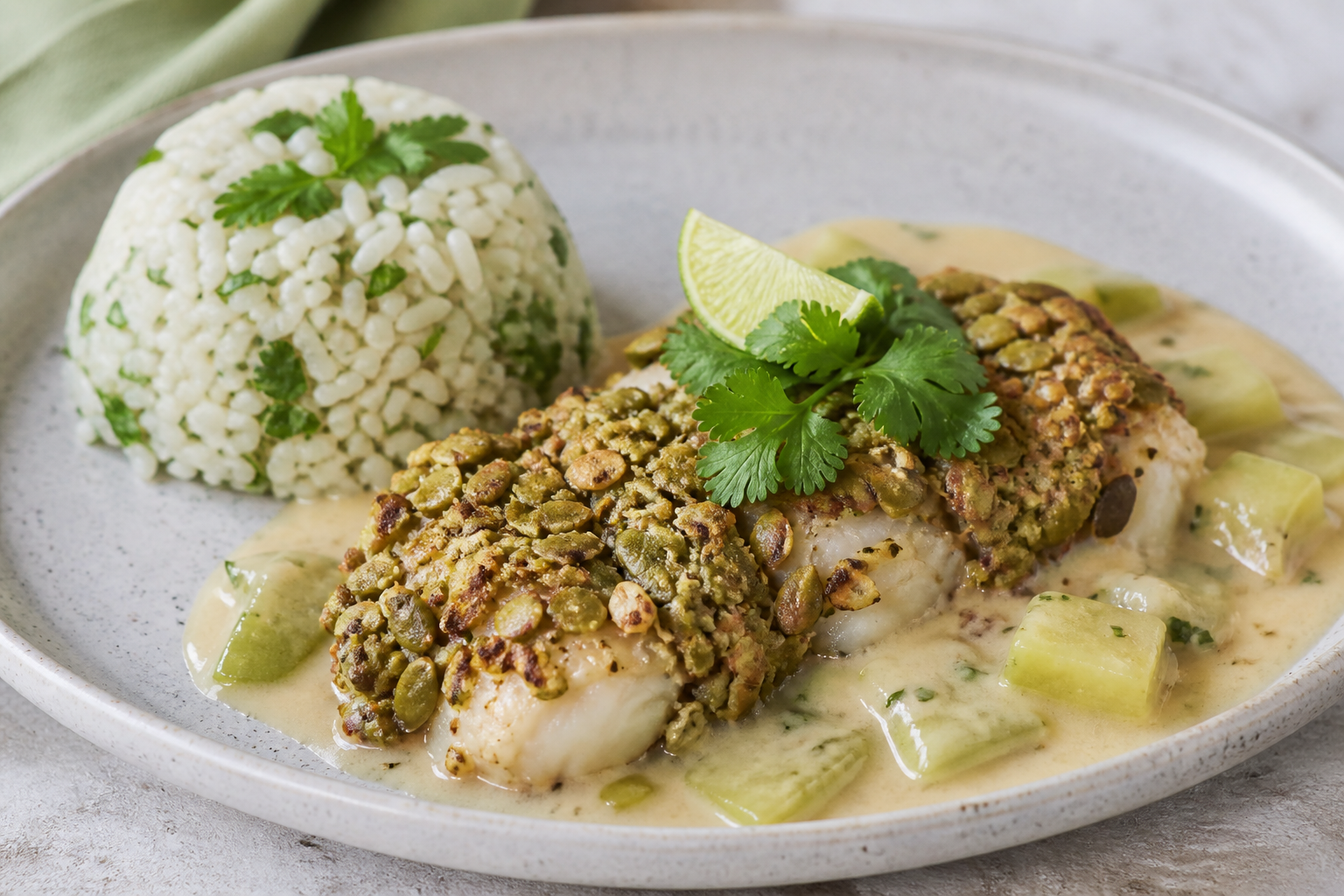 Filete Catracho en Costra de Semilla de Ayote con Salsa de Coco, Chayote y Lima, acompañado de Arroz de Culantro