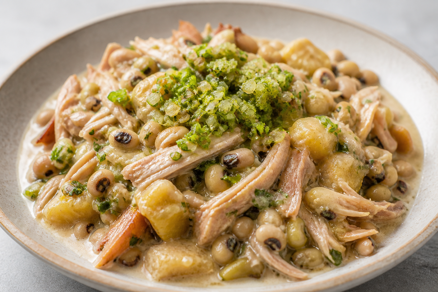 Cazuela Colombiana de Pavo Ahumado, Fríjol Cabecita Negra y Plátano Verde con Hogao de Coco y Cilantro