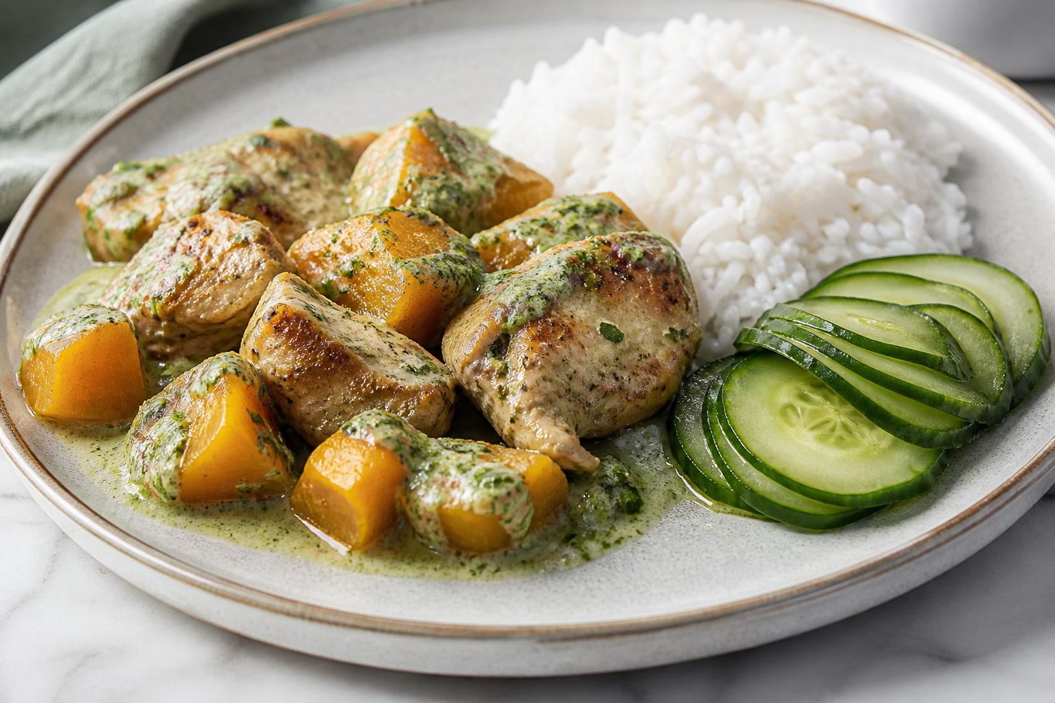 Honduran Chicken in Roasted Squash and Cilantro Cream with Gentle Coconut Rice and Pickled Cucumber