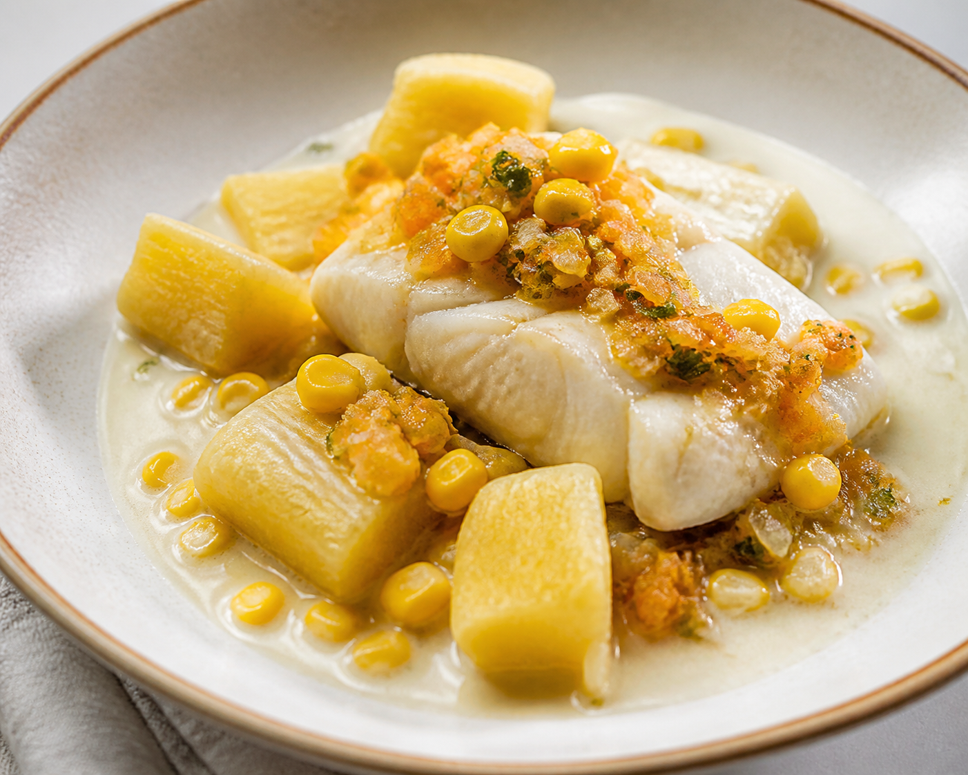 Cazuela Colombiana de Pescado y Coco con Yuca Dorada, Chócolo y Hogao de Lulo