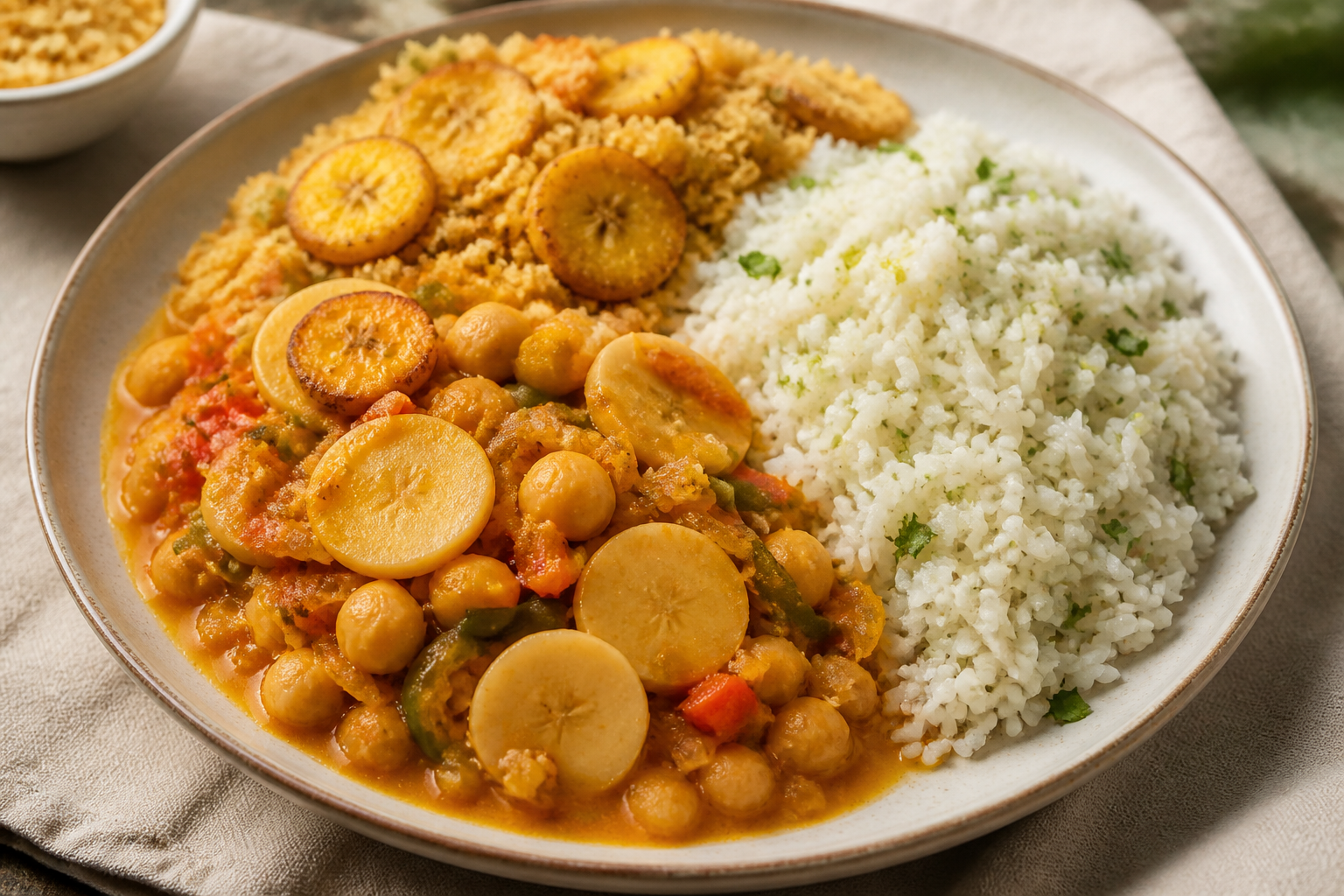 Light Chickpea and Heart of Palm Moqueca with Lime Rice and Crispy Banana Farofa