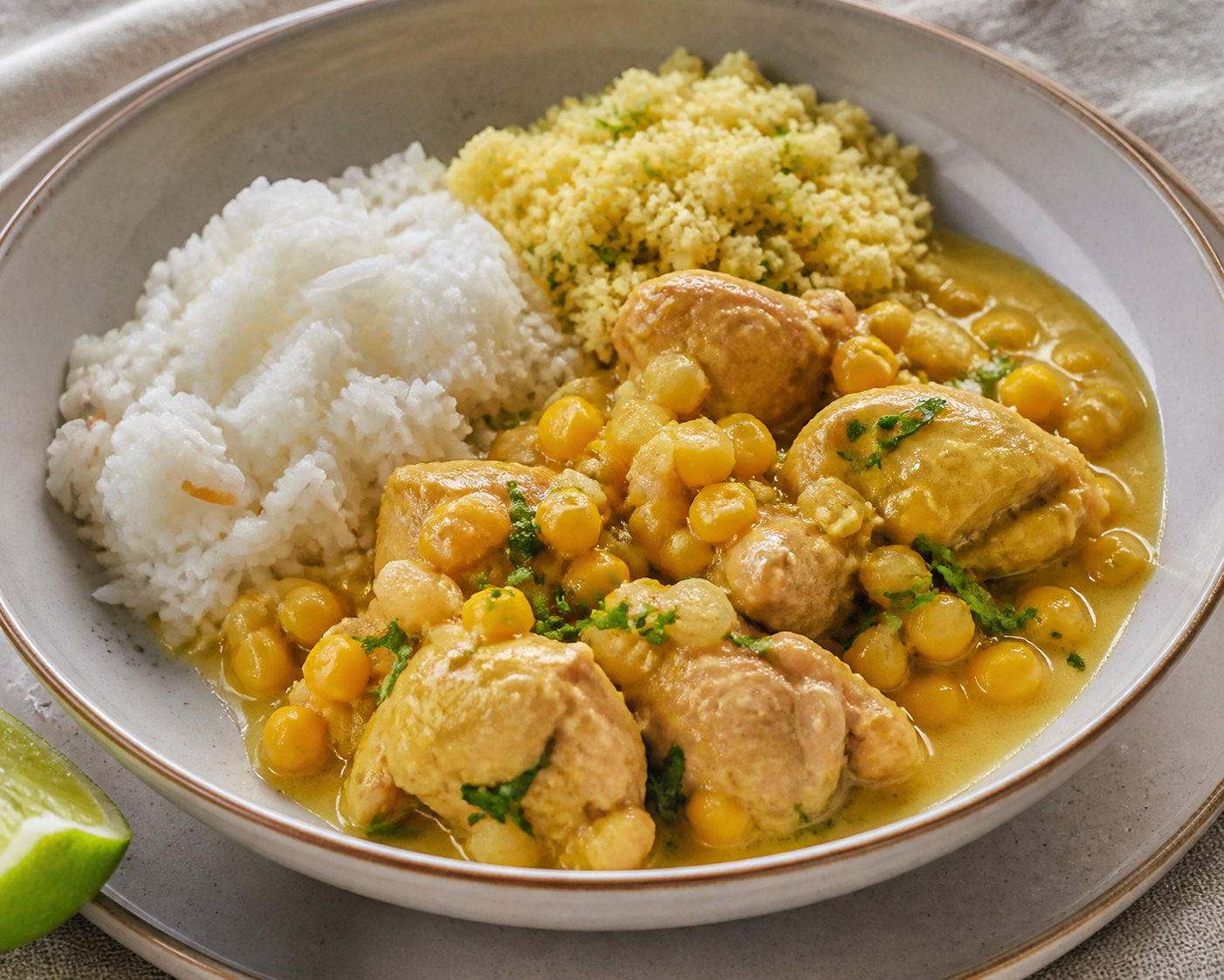 Moqueca ligera de pollo y maíz con arroz de coco y farofa de limón